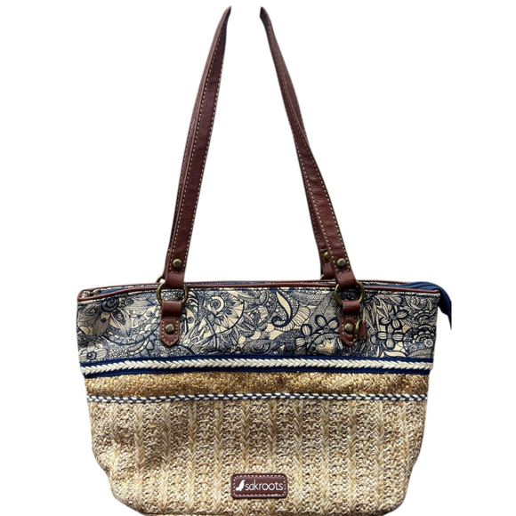 Sakroots Ellis Navy Spirit Desert Straw Handbag Purse Leather Straps Beach - Picture 1 of 12